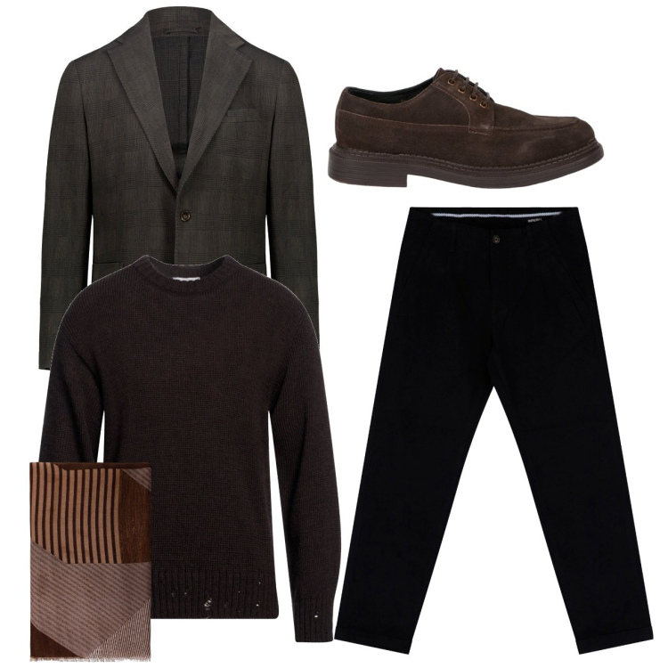 Outfit uomo - Nero e caffè. Stile Trendy per Serata speciale. Abbinamento con pullovers, sciarpe, pantaloni chino, giacche, scarpe stringate.