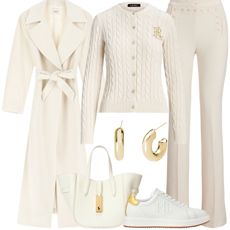 Outfit donna - Speciale bianco. Stile Casual chic per Ufficio. Abbinamento con orecchini, cappotti, cardigans, pantaloni, sneakers, borse tote.
