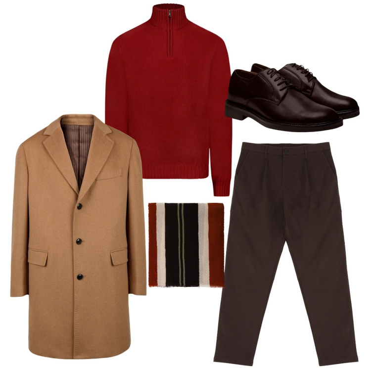 Outfit uomo - Rosso con il cappotto. Stile Casual per Tutti i giorni. Abbinamento con pantaloni chino, sciarpe e foulard, scarpe stringate, cappotti, maglieria.
