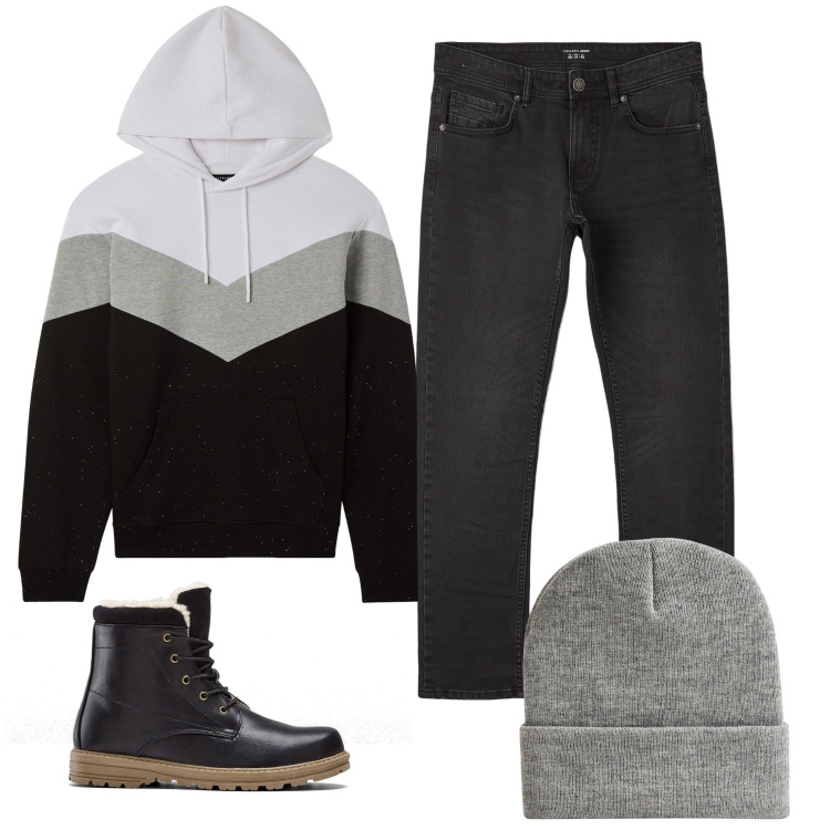 Outfit uomo - Total look #2036868. Stile Urban per Tutti i giorni. Abbinamento con stivali e stivaletti, jeans dritti, felpe con cappuccio, berretti.