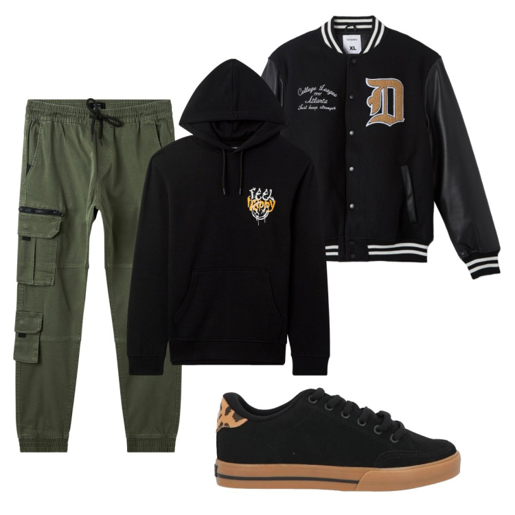Outfit uomo - Total look #2036878. Stile Urban per Tutti i giorni. Abbinamento con sneakers, felpe con cappuccio, bomber, pantaloni cargo.