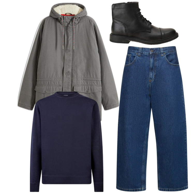 Outfit uomo - In città. Stile Casual per Tutti i giorni. Abbinamento con parka, stivali e stivaletti, maglieria, jeans.