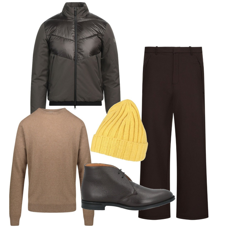 Outfit uomo - Casual elegante. Stile Casual per Tutti i giorni. Abbinamento con piumini, cappelli, stivali e stivaletti, maglieria, pantaloni.