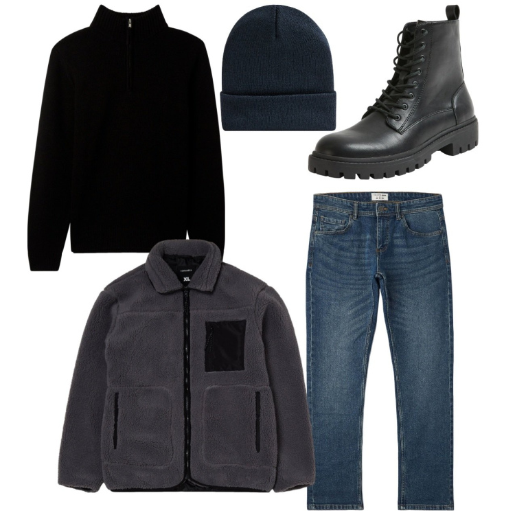 Outfit uomo - Il cappotto in pile. Stile Urban per Tutti i giorni. Abbinamento con berretti, giacche, jeans, anfibi, maglieria.