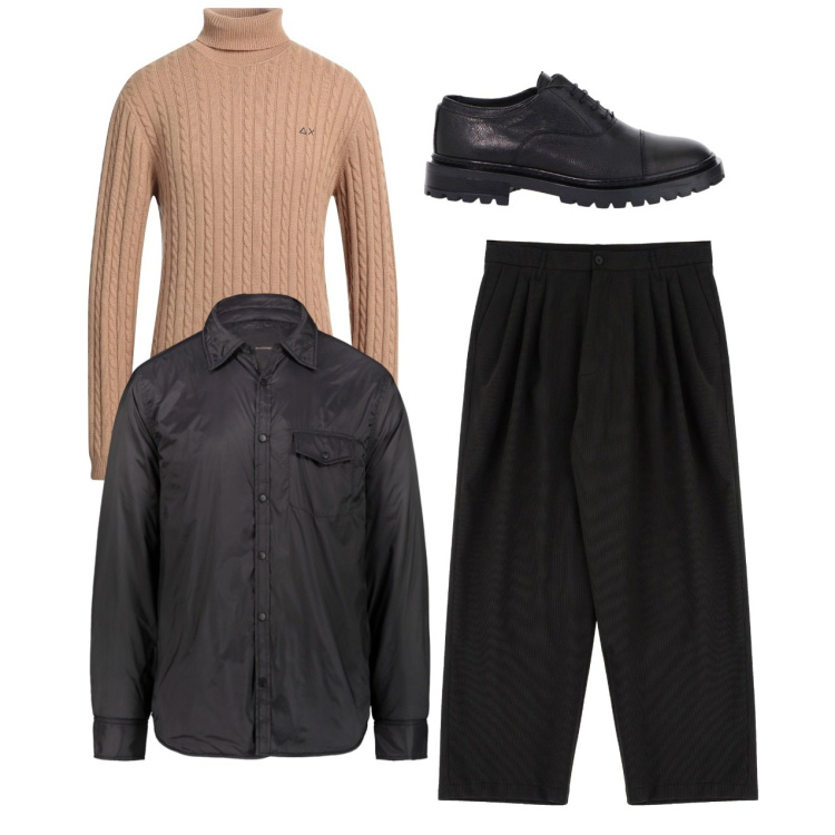 Outfit uomo - Pull stretto e pantaloni ampi. Stile Trendy per Serata speciale. Abbinamento con maglieria, pantaloni, scarpe stringate, giacche.