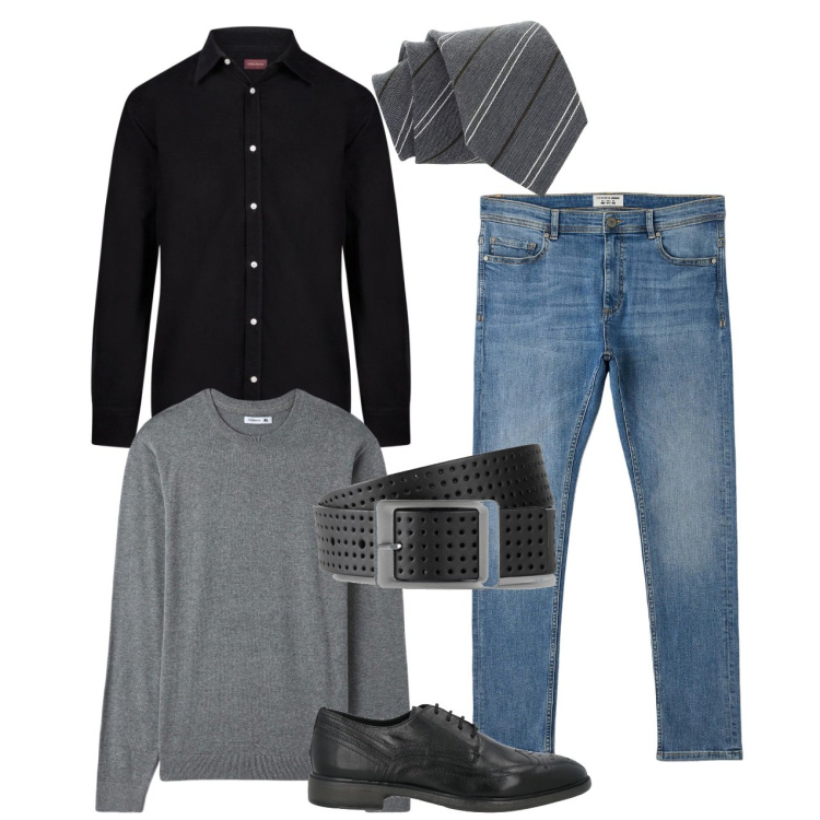 Outfit uomo - Casual con cravatta. Stile Casual per Tutti i giorni. Abbinamento con scarpe stringate, cinture, jeans skinny, maglieria, cravatte, camicie.