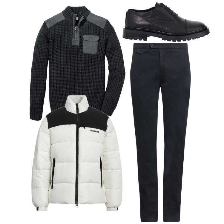 Outfit uomo - Chino e bomber. Stile Casual per Tutti i giorni. Abbinamento con maglieria, pantaloni chino, piumini, scarpe stringate.