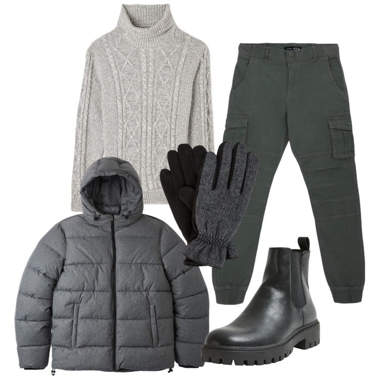 Outfit uomo - Il freddo di gennaio. Stile Urban per Tutti i giorni. Abbinamento con pantaloni cargo, maglieria, piumini, stivali e stivaletti, guanti.