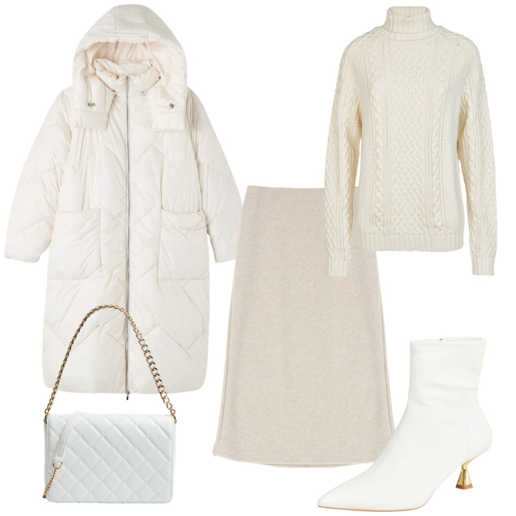 Outfit donna - E bianco sia. Stile Casual per Ufficio. Abbinamento con gonne, blazer, stivaletti, borse a tracolla, maglieria.