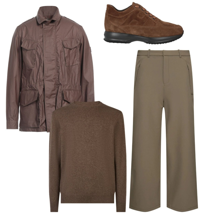 Outfit uomo - Sfumature di marrone. Stile Trendy per Serata speciale. Abbinamento con giacche, sneakers, maglieria, pantaloni.