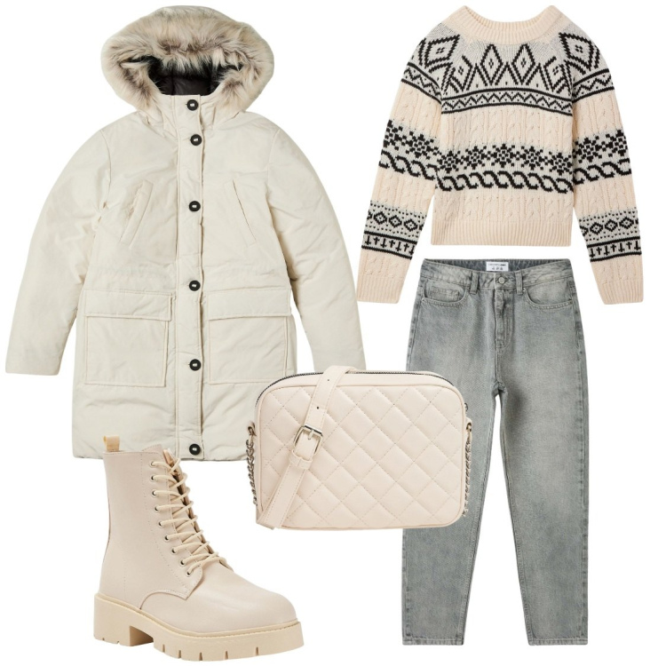 Outfit donna - Saldi Saldissimi. Stile Casual per Tutti i giorni. Abbinamento con parka, jeans mom, maglieria, anfibi, borse a tracolla.