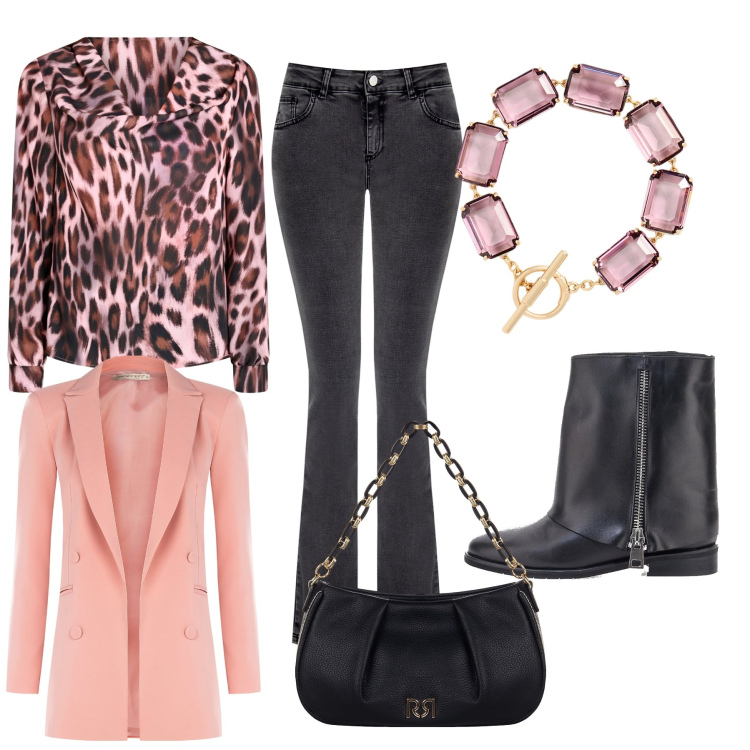 Outfit donna - Moderna con classe. Stile Casual chic per Ufficio. Abbinamento con blazer, jeans a zampa, bluse, borse a tracolla, braccialetti, stivaletti.