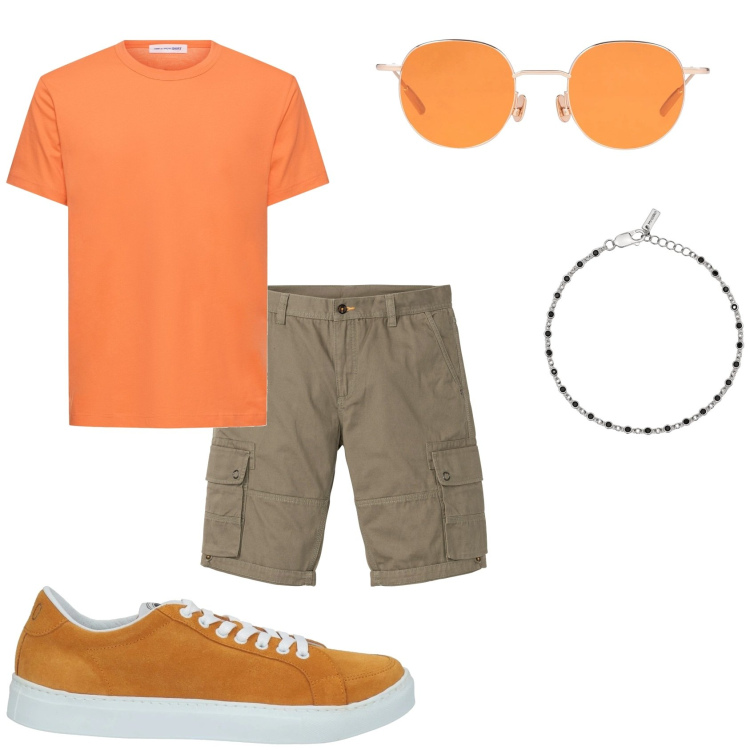 Outfit uomo - Bermuda e tshirt maglietta. Stile Casual per Tutti i giorni. Abbinamento con bermuda, occhiali da sole, sneakers, braccialetti, t-shirt.