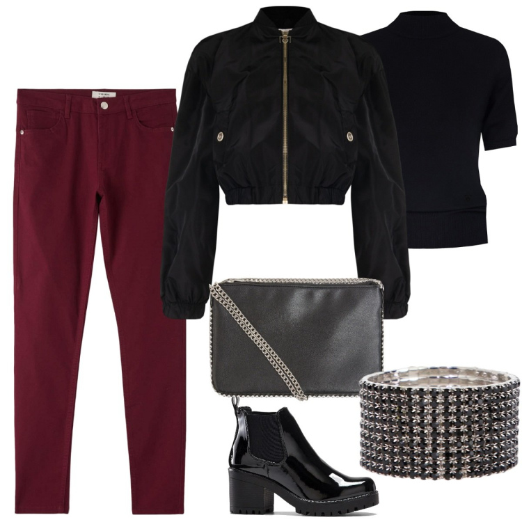Outfit donna - Il bomber in taffetà. Stile Rock per Serata fuori. Abbinamento con stivaletti, borse a tracolla, pantaloni, bomber, maglieria, braccialetti.