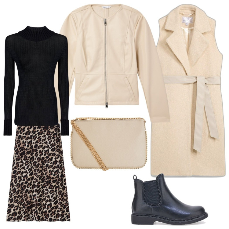 Outfit donna - cappotto smanicato. Stile Glamour per Tutti i giorni. Abbinamento con gilet, blazer, borse a tracolla, gonne longuette, maglieria, stivaletti chelsea.
