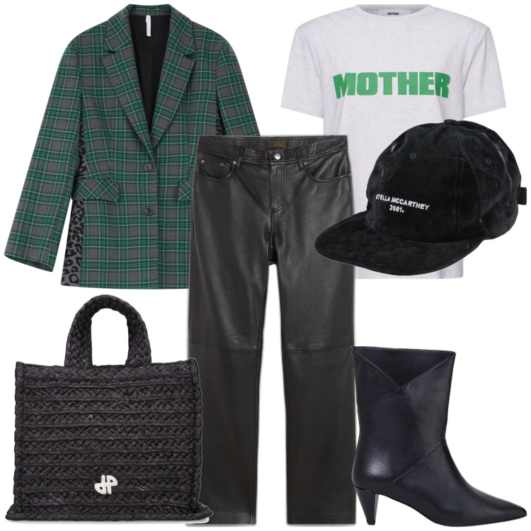 Outfit donna - Total look. Stile Urban per Ufficio. Abbinamento con pantaloni, cappelli con visiera, blazer, stivaletti, shopping bag, t-shirt.