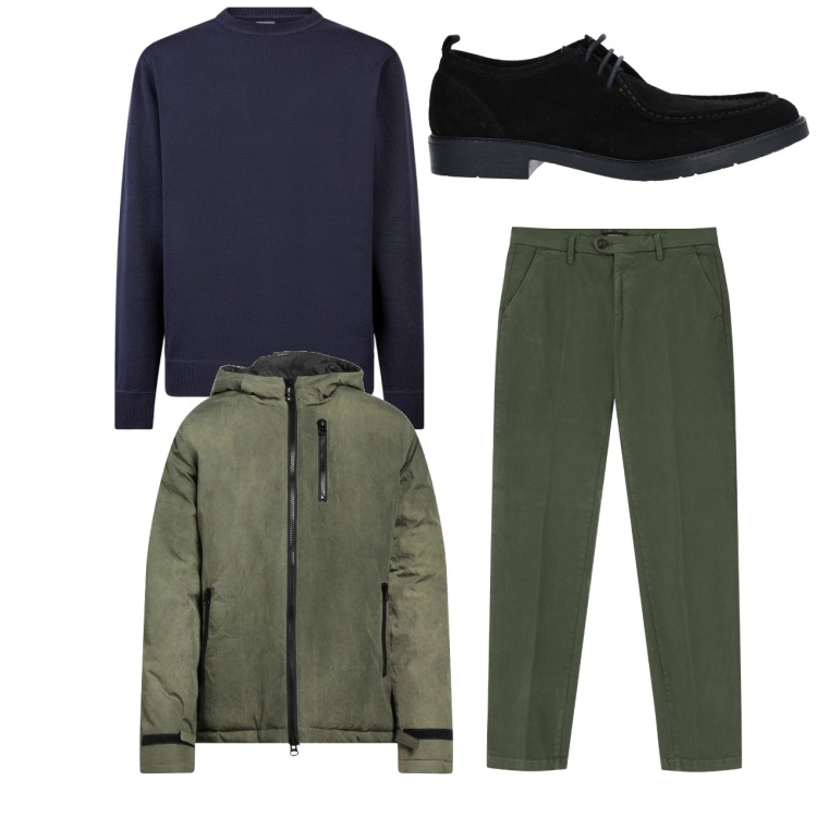 Outfit uomo - Blu e verde. Stile Trendy per Tutti i giorni. Abbinamento con giacche, scarpe stringate, pantaloni chino, maglieria.