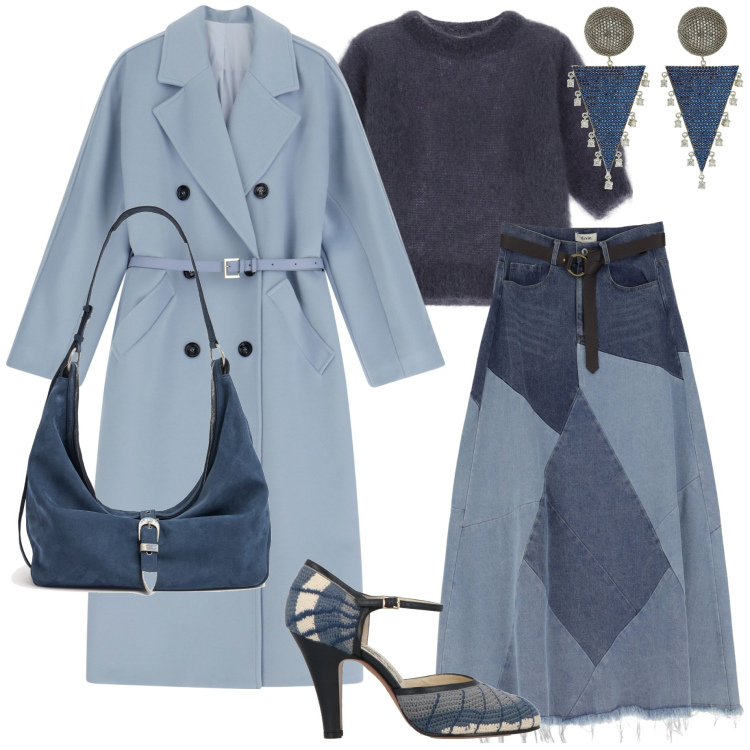 Outfit donna - Gonna in denim. Stile Casual chic per Serata fuori. Abbinamento con décolleté, cappotti, gonne longuette, maglieria, orecchini, borse a spalla.