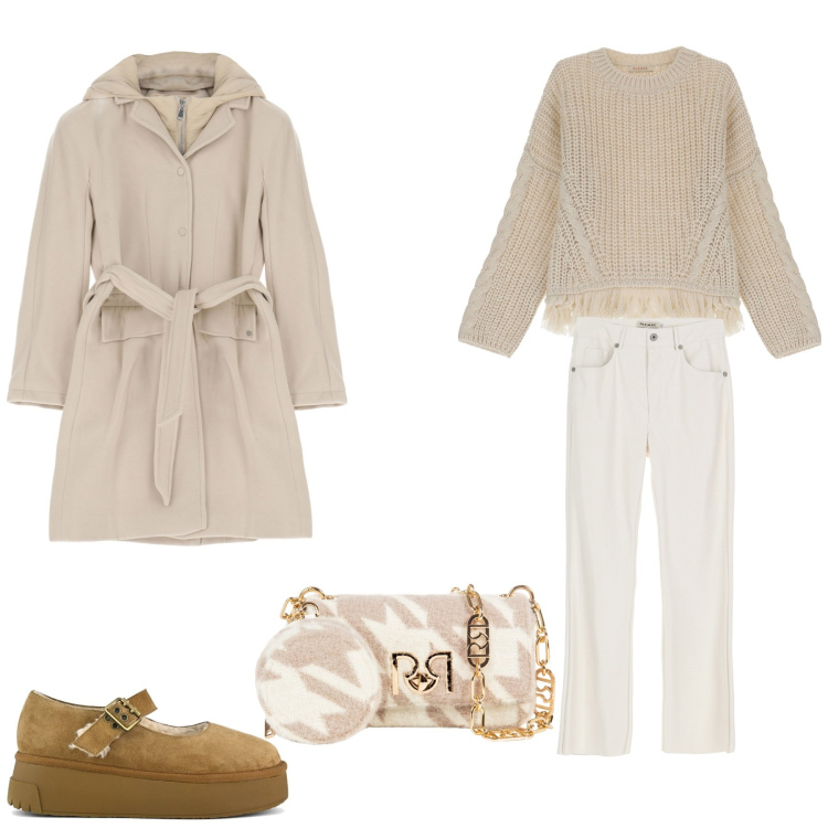 Outfit donna - Sfumature del bianco e del crema. Stile Casual chic per Tutti i giorni. Abbinamento con maglieria, cappotti, pantaloni, borse a tracolla, décolleté.