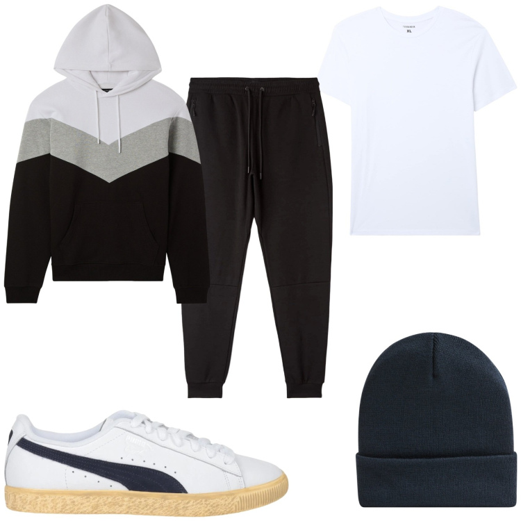 Outfit uomo - Al parco. Stile Casual per Tutti i giorni. Abbinamento con sneakers, berretti, pantaloni, felpe con cappuccio, t-shirt.