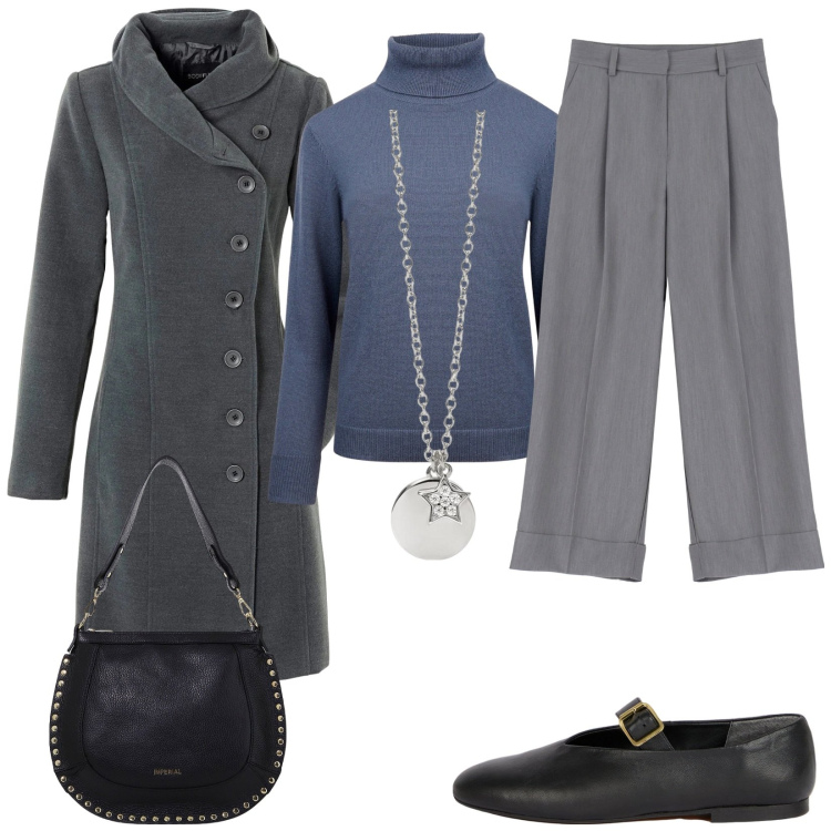 Outfit donna - City. Stile Casual chic per Tutti i giorni. Abbinamento con cappotti, ciondoli, pantaloni, borse a spalla, maglieria, ballerine.