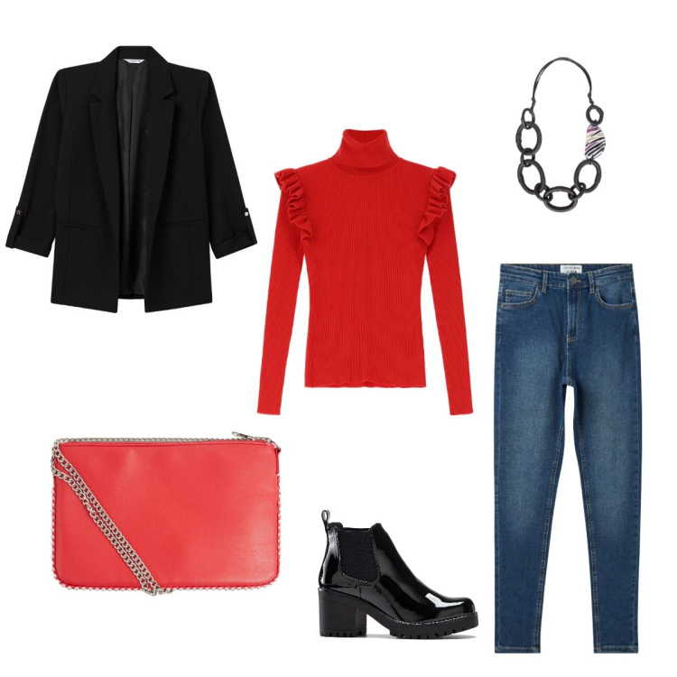 Outfit donna - Total look #2036983. Abbinamento con stivaletti, borse a tracolla, blazer, jeans skinny, maglieria, collane.