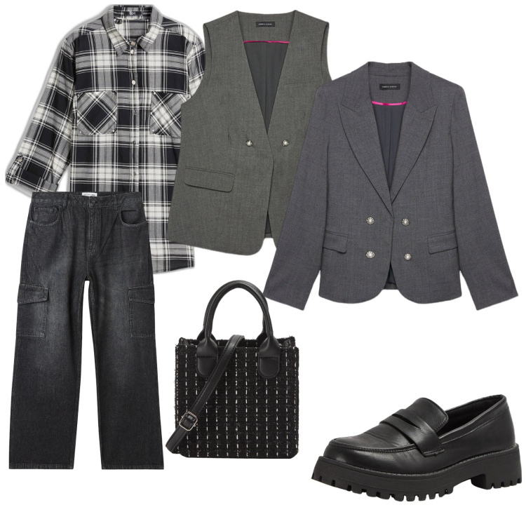 Outfit donna - Città. per Tutti i giorni. Abbinamento con camicie, jeans, mocassini, shopping bag, gilet, blazer.