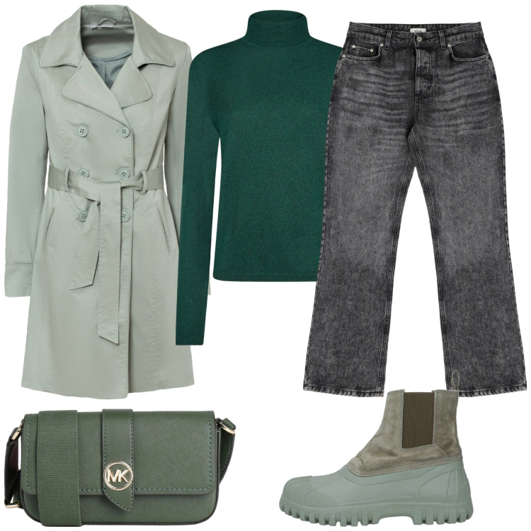 Outfit donna - Verde e grigio. Stile Casual per Tutti i giorni. Abbinamento con trench, borse a tracolla, stivaletti, jeans, maglieria.