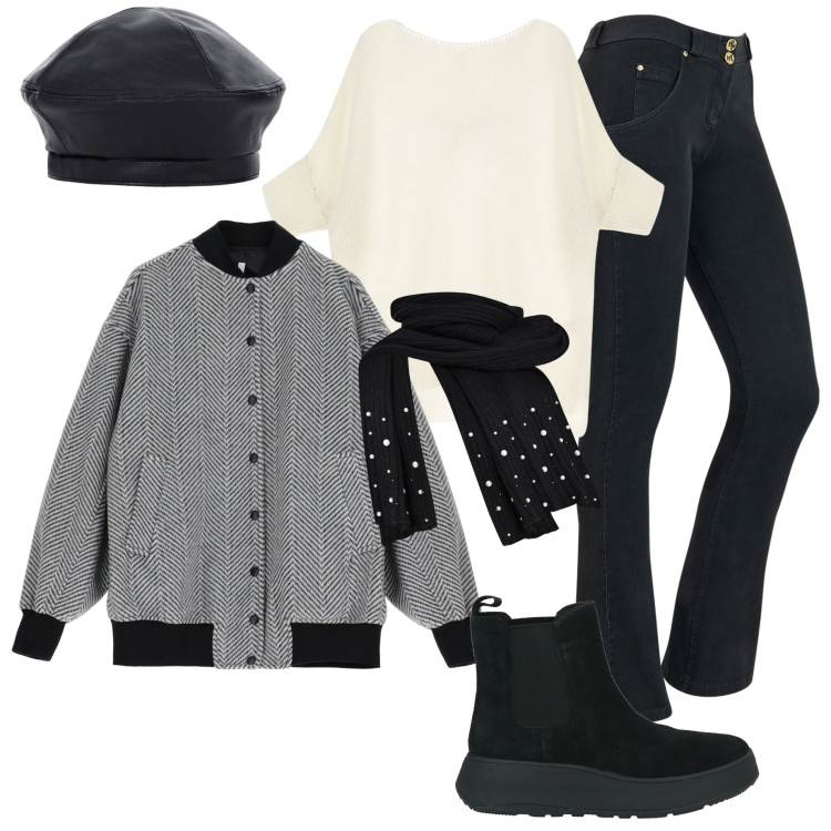 Outfit donna - In città. Stile Casual chic per Tutti i giorni. Abbinamento con stivaletti chelsea, sciarpe, bomber, pullovers, jeans bootcut, cappelli e berretti.