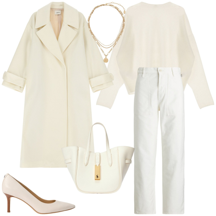Outfit donna - Total white. Stile Sporty chic per Ufficio. Abbinamento con cappotti, pullovers, borse tote, ciondoli, pantaloni, décolleté.