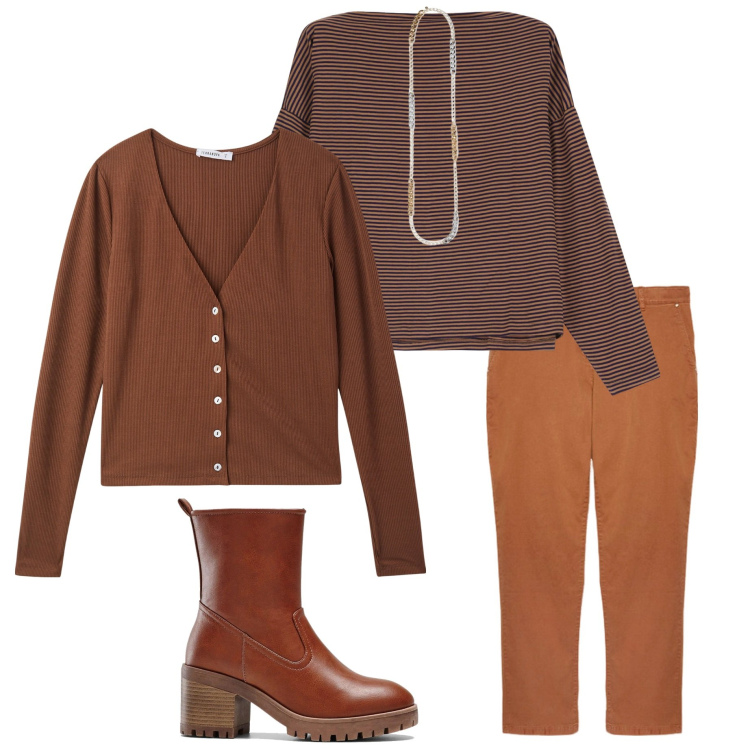 Outfit donna - Pratica in ufficio. Stile Casual per Ufficio. Abbinamento con stivaletti, cardigans, maglieria, pantaloni, collane.