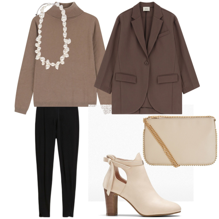 Outfit donna - Praticità. per Tutti i giorni. Abbinamento con leggings, stivaletti, borse a tracolla, maglieria, blazer, collane.