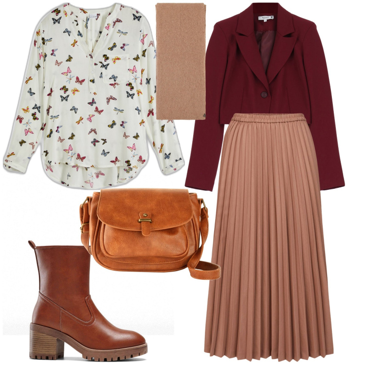 Outfit donna - Farfalle in ufficio. Stile Trendy per Ufficio. Abbinamento con bluse, stivaletti, borse a tracolla, blazer, stole, minigonne.