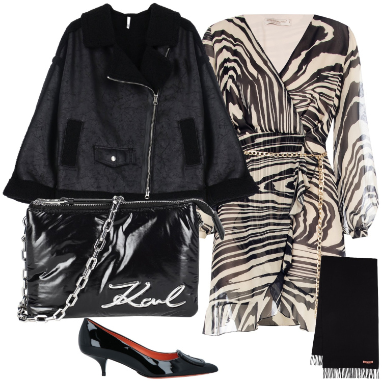 Outfit donna - Grafismi. Stile Chic per Serata fuori. Abbinamento con borse a mano, décolleté, blazer, vestiti, sciarpe.