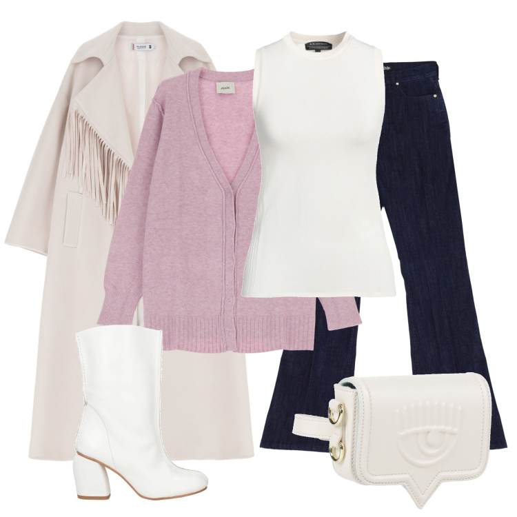 Outfit donna - Layering cappotto con frange. Stile Chic per Tutti i giorni. Abbinamento con stivaletti, marsupi, pullovers, cappotti, jeans, cardigans.