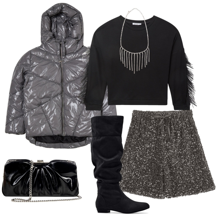 Outfit donna - Serata con amici. Stile Sporty chic per Serata fuori. Abbinamento con stivali, felpe, collane, blazer, pochette, minigonne.