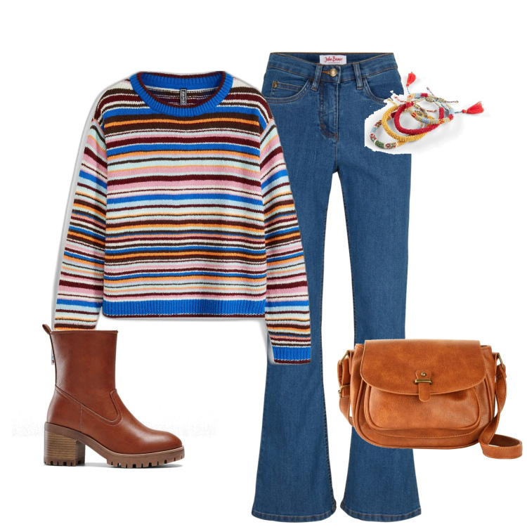 Outfit donna - Maglione colorato. Stile Preppy per Tutti i giorni. Abbinamento con maglieria, jeans bootcut, borse a tracolla, stivaletti, braccialetti.