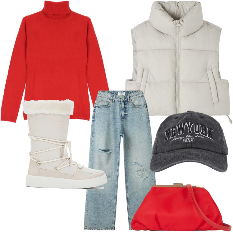 Outfit donna - Gli stivaletti bianco avorio. Stile Basic per Tutti i giorni. Abbinamento con stivaletti, piumini, cappelli, jeans strappati, maglieria, pochette.