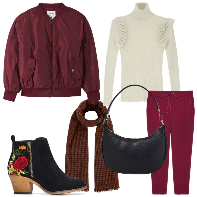 Outfit donna - Bomber bordeaux. Stile Trendy per Tutti i giorni. Abbinamento con stivaletti, bomber, maglieria, borse a spalla, pantaloni, sciarpe.