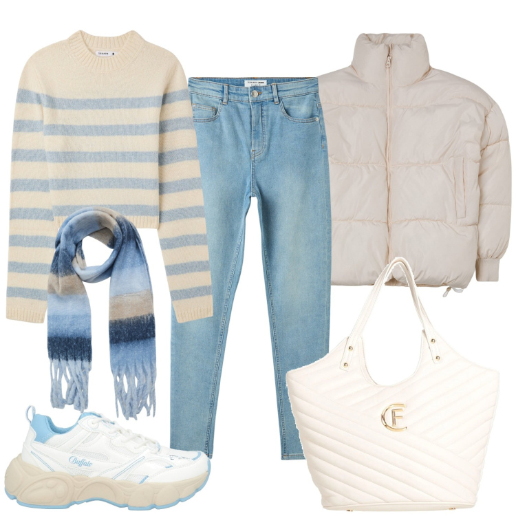 Outfit donna - Maglione a righe. Stile Casual per Tutti i giorni. Abbinamento con sneakers, borse a mano, sciarpe, jeans skinny, blazer, maglieria.