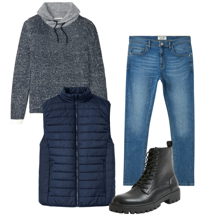 Outfit uomo - Blue casual blue. Stile Casual per Tutti i giorni. Abbinamento con maglieria, gilet, jeans slim fit, anfibi.