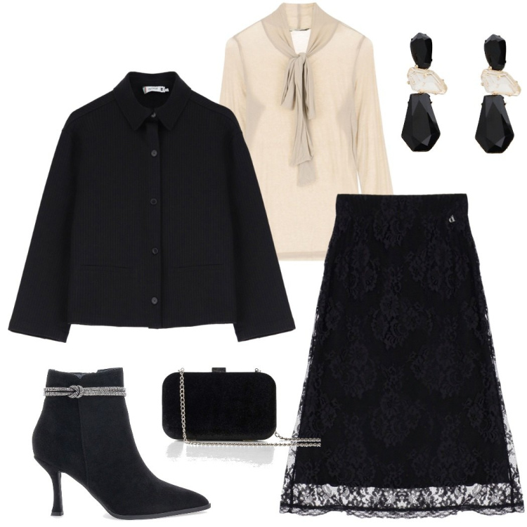 Outfit donna - Nuovo anno. Stile Chic per Serata fuori. Abbinamento con pochette, cappotti, gonne longuette, orecchini, maglieria, stivaletti.