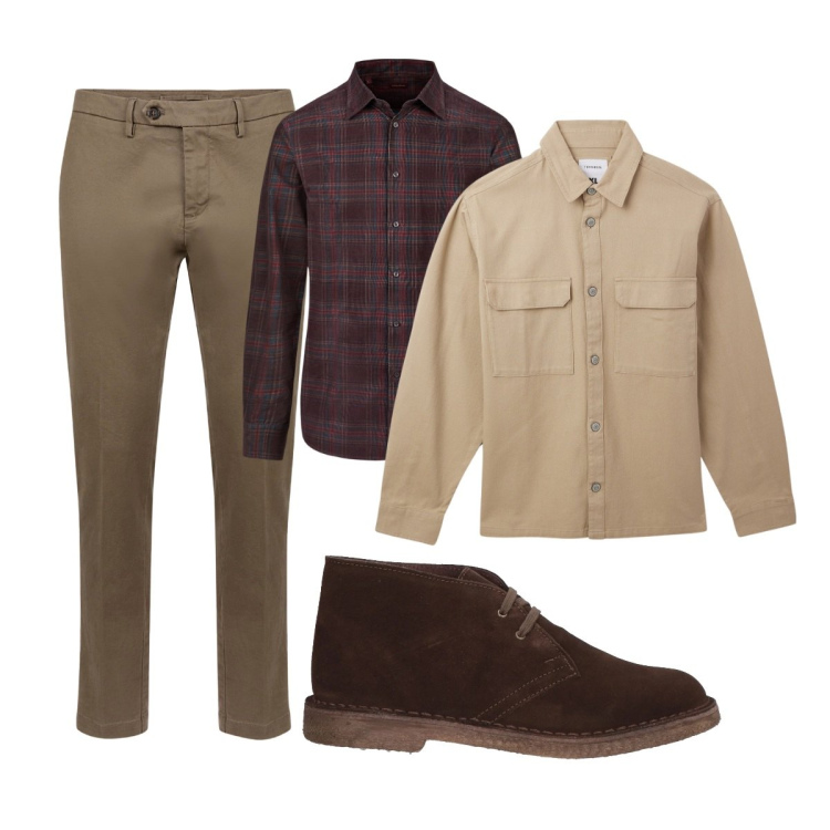Outfit uomo - Total look #2037046. Stile Casual per Tutti i giorni. Abbinamento con stivali e stivaletti, cappotti, pantaloni chino, camicie.