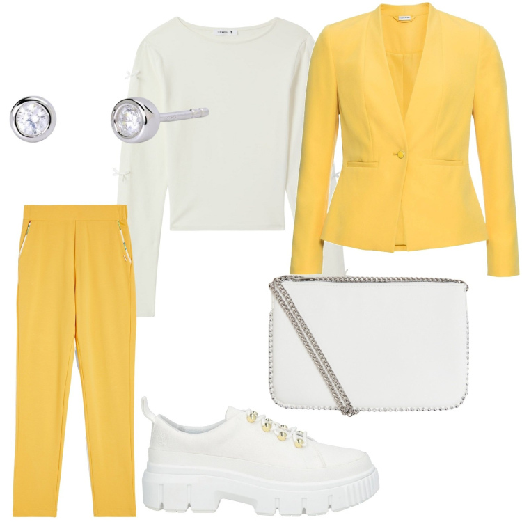 Outfit donna - Giallo metropolitano. Stile Glamour per Tutti i giorni. Abbinamento con blazer, sneakers, t-shirt, borse a tracolla, orecchini, pantaloni.