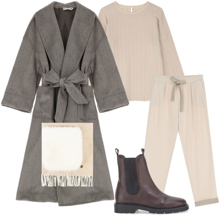 Outfit donna - Anno nuovo. Stile Urban per Ufficio. Abbinamento con cappotti, sciarpe, pantaloni, pullovers, stivaletti chelsea.