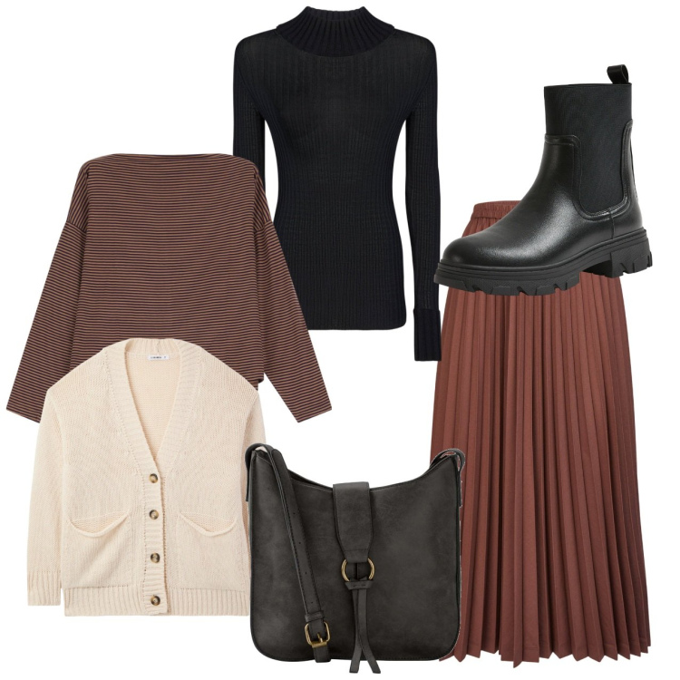Outfit donna - Moda e layering. Stile Bon Ton per Tutti i giorni. Abbinamento con borse a tracolla, cardigans, stivaletti chelsea, maglieria, maglieria, minigonne.