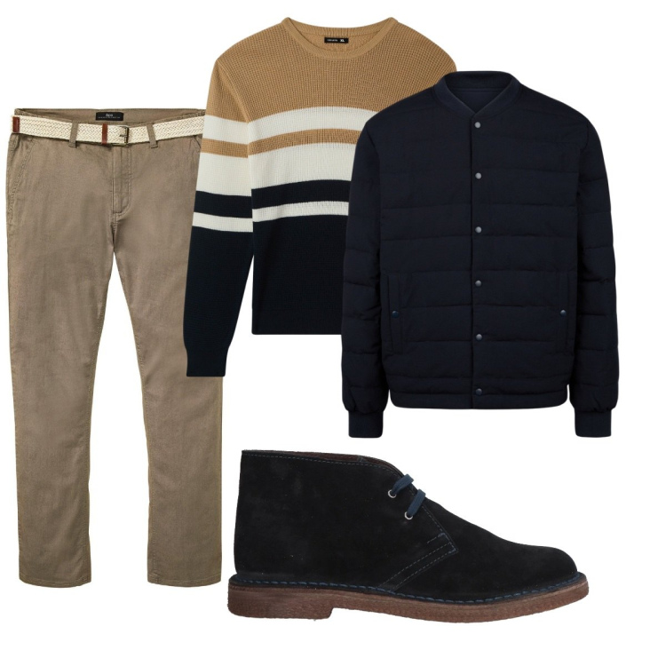 Outfit uomo - Total look #2037067. Stile Trendy per Tutti i giorni. Abbinamento con pantaloni chino, stivali e stivaletti, maglieria, piumini.