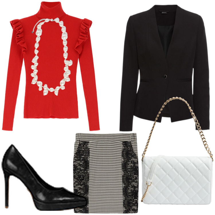 Outfit donna - La gonna in pizzo. Stile Glamour per Serata fuori. Abbinamento con blazer, borse a tracolla, décolleté, maglieria, gonne, collane.