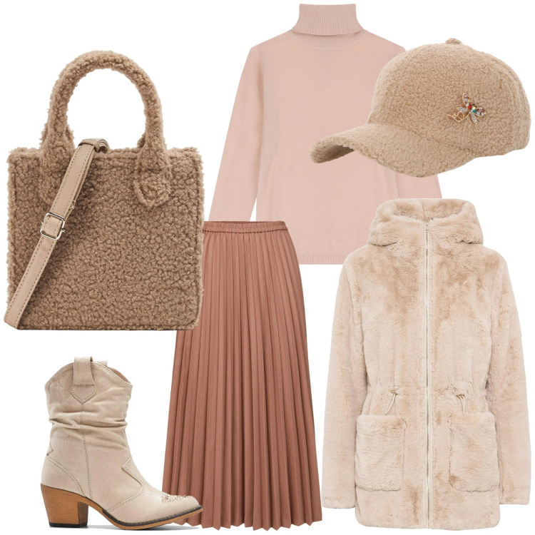 Outfit donna - Toni neutri. Stile Glamour per Tutti i giorni. Abbinamento con ecopellicce, stivaletti texani, shopping bag, maglieria, cappelli, minigonne.