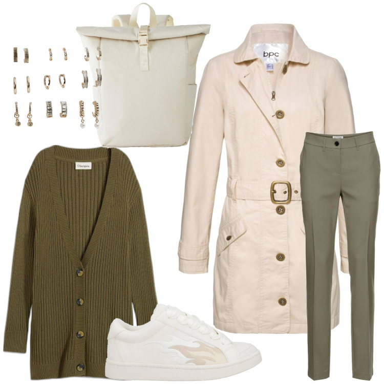 Outfit donna - Green day. Stile Casual per Tutti i giorni. Abbinamento con pantaloni, trench, zaini, cardigans, sneakers, orecchini.